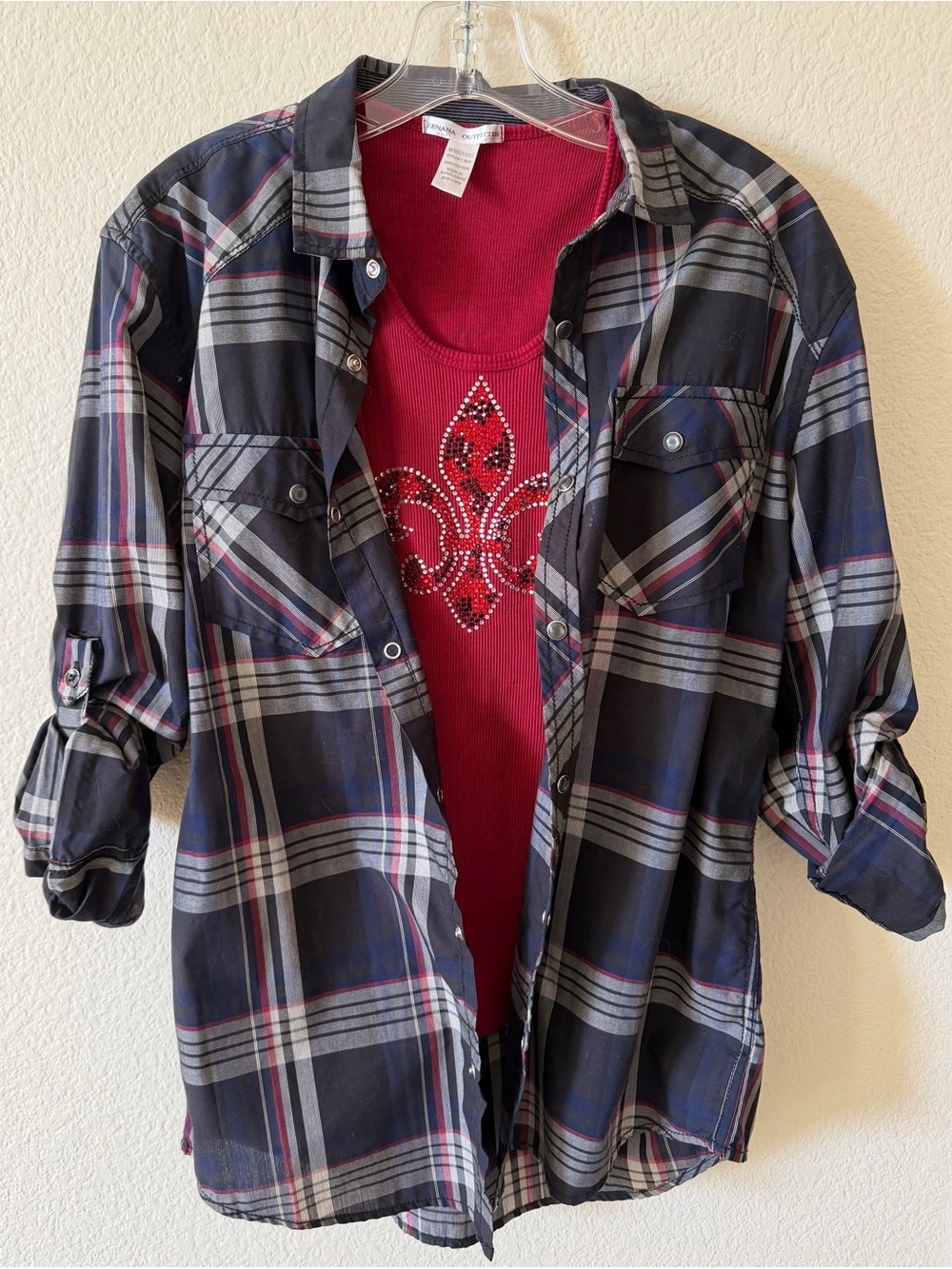 INC Women's Plaid Button-Up Shirt and Red Tank Top (Size M)